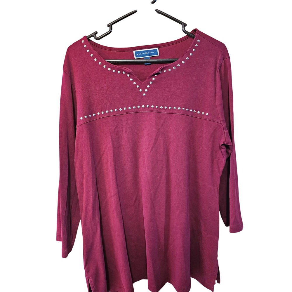 Karen Scott Womens XL Burgundy Studded Notched Neck Cotton Long Sleeve Top Wine